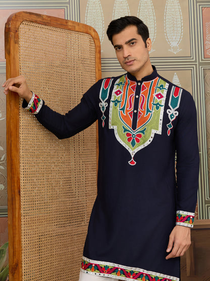 Men’s Navy Blue Pure Cotton Kurta with Multi-Thread and Real Mirror Work