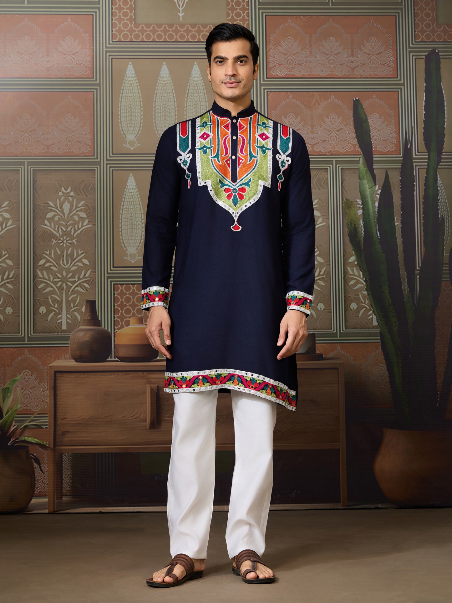 Men’s Navy Blue Pure Cotton Kurta with Multi-Thread and Real Mirror Work
