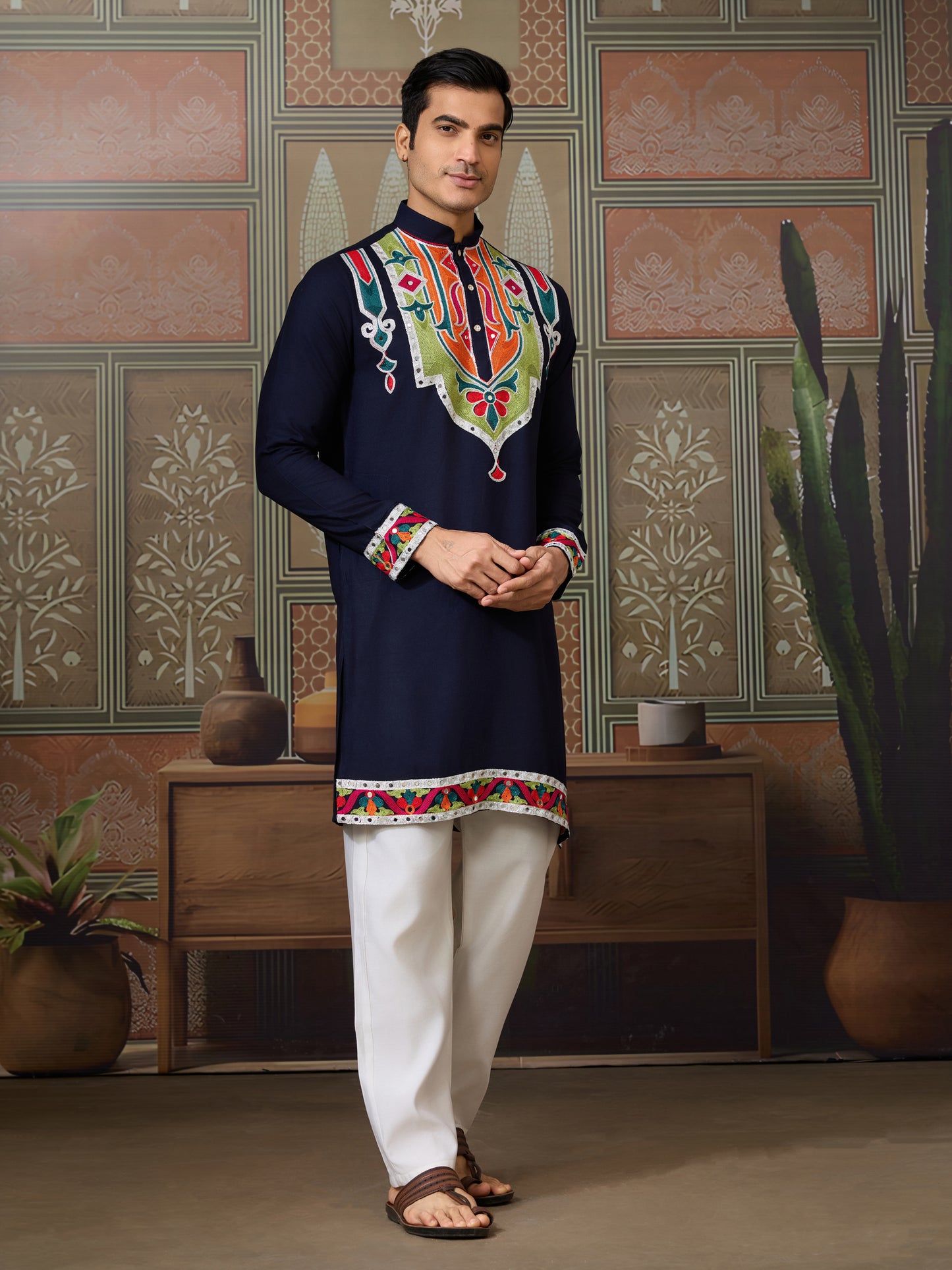 Men’s Navy Blue Pure Cotton Kurta with Multi-Thread and Real Mirror Work