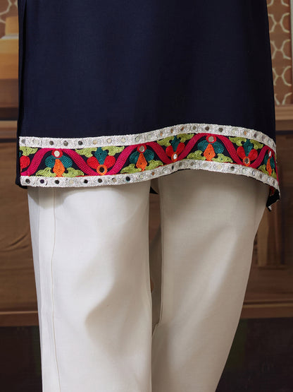 Men’s Navy Blue Pure Cotton Kurta with Multi-Thread and Real Mirror Work