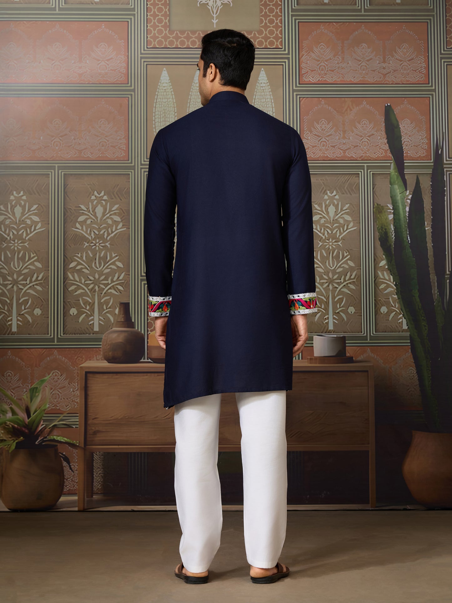 Men’s Navy Blue Pure Cotton Kurta with Multi-Thread and Real Mirror Work