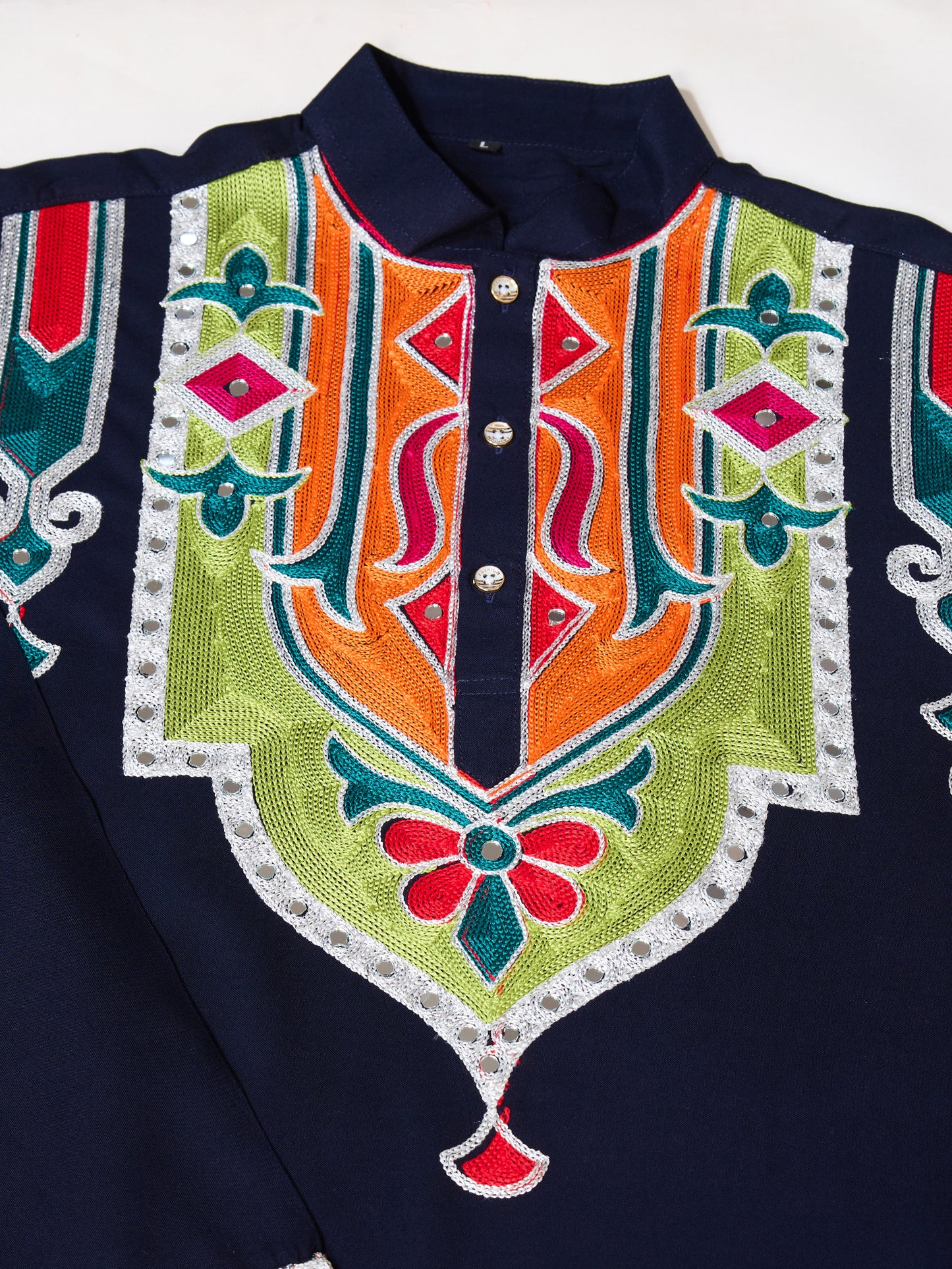 Men’s Navy Blue Pure Cotton Kurta with Multi-Thread and Real Mirror Work
