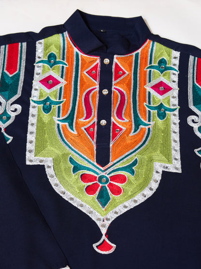 Men’s Navy Blue Pure Cotton Kurta with Multi-Thread and Real Mirror Work