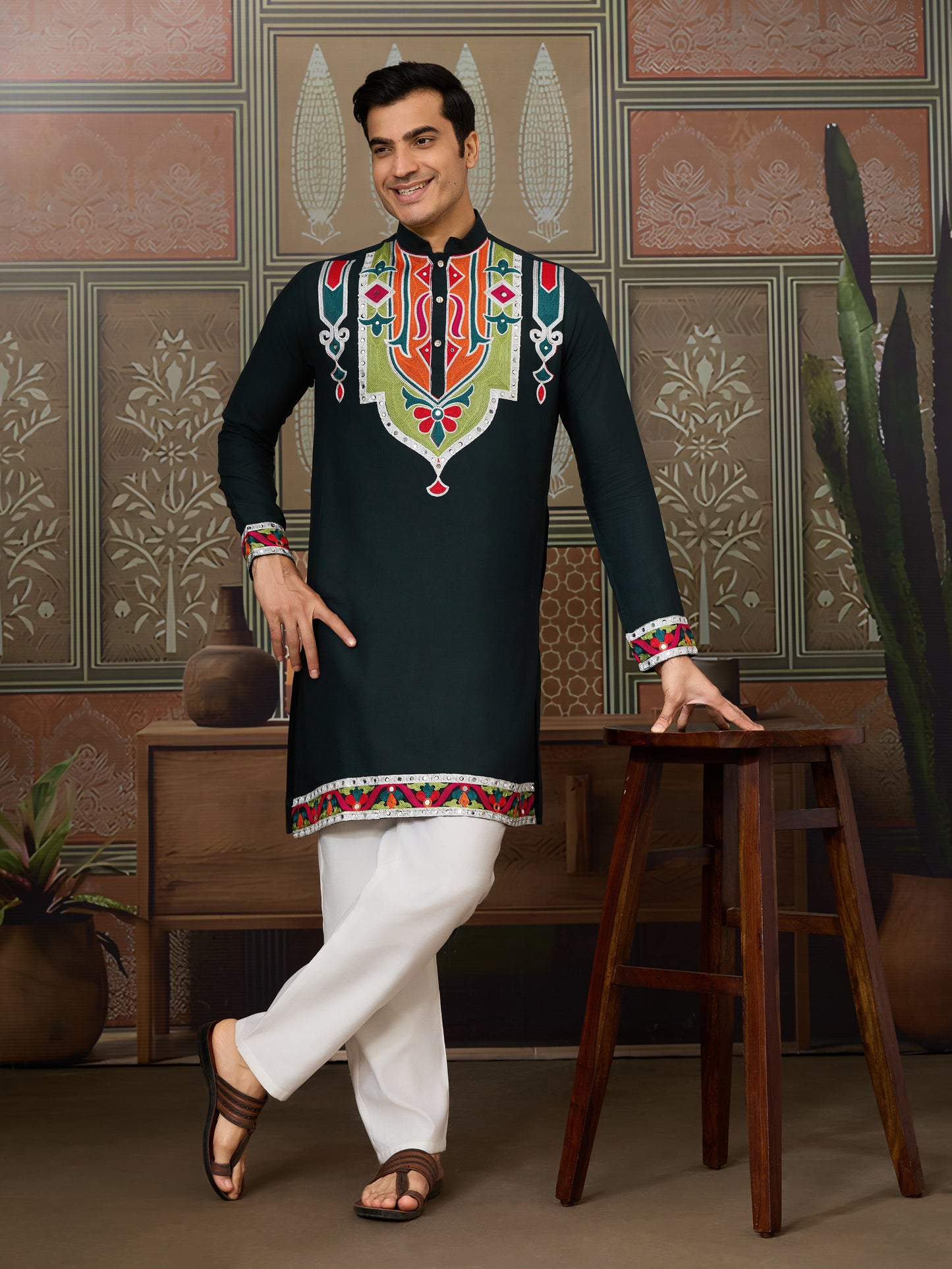 Green Pure Cotton Kurta with Multi Thread & Mirror Work