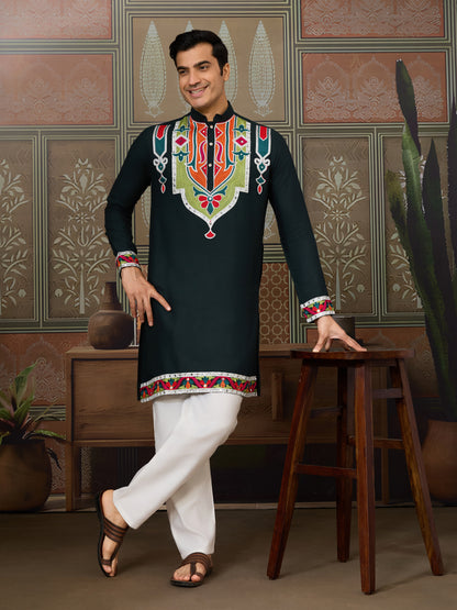 Green Pure Cotton Kurta with Multi Thread & Mirror Work