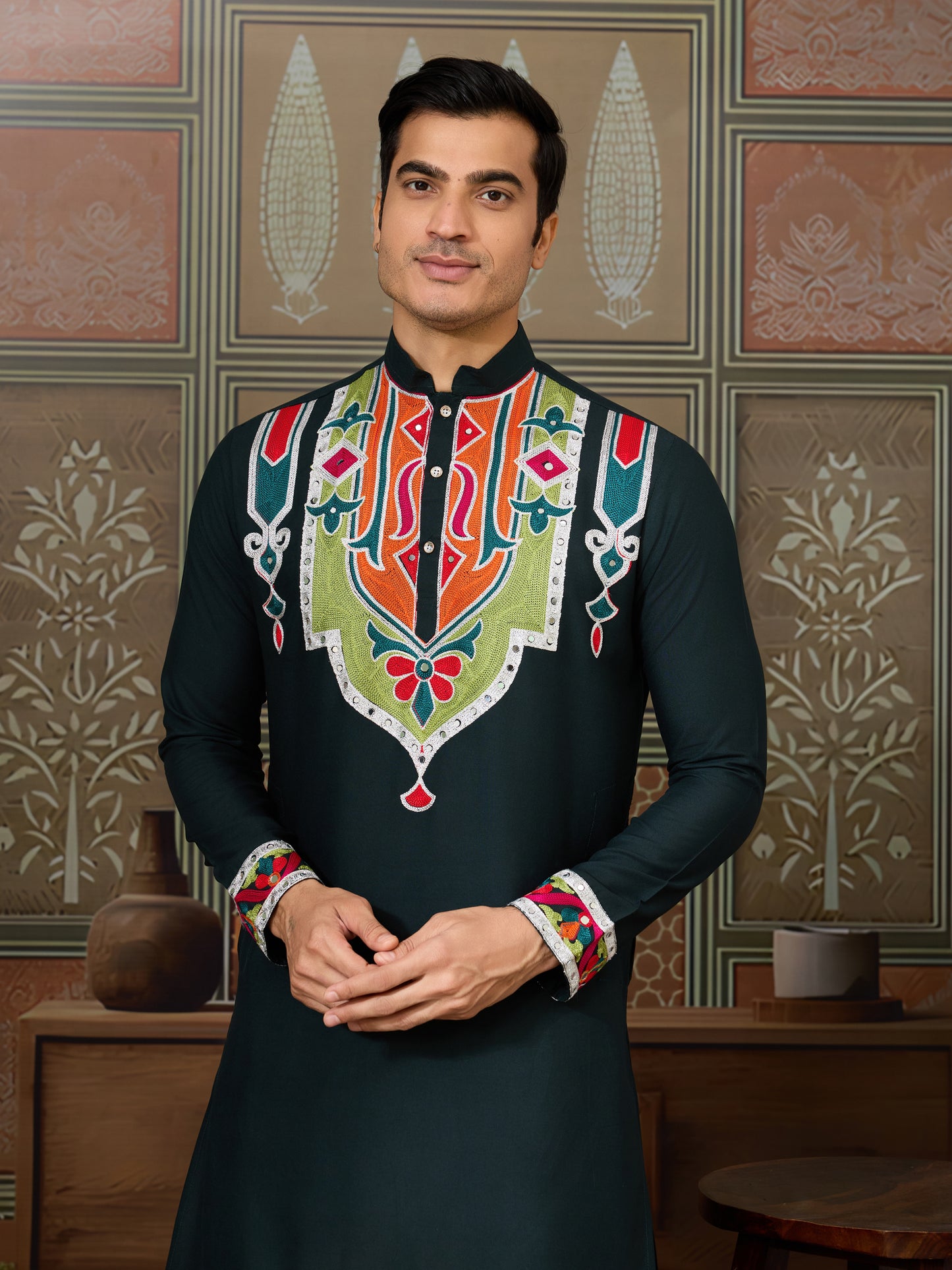 Green Pure Cotton Kurta with Multi Thread & Mirror Work