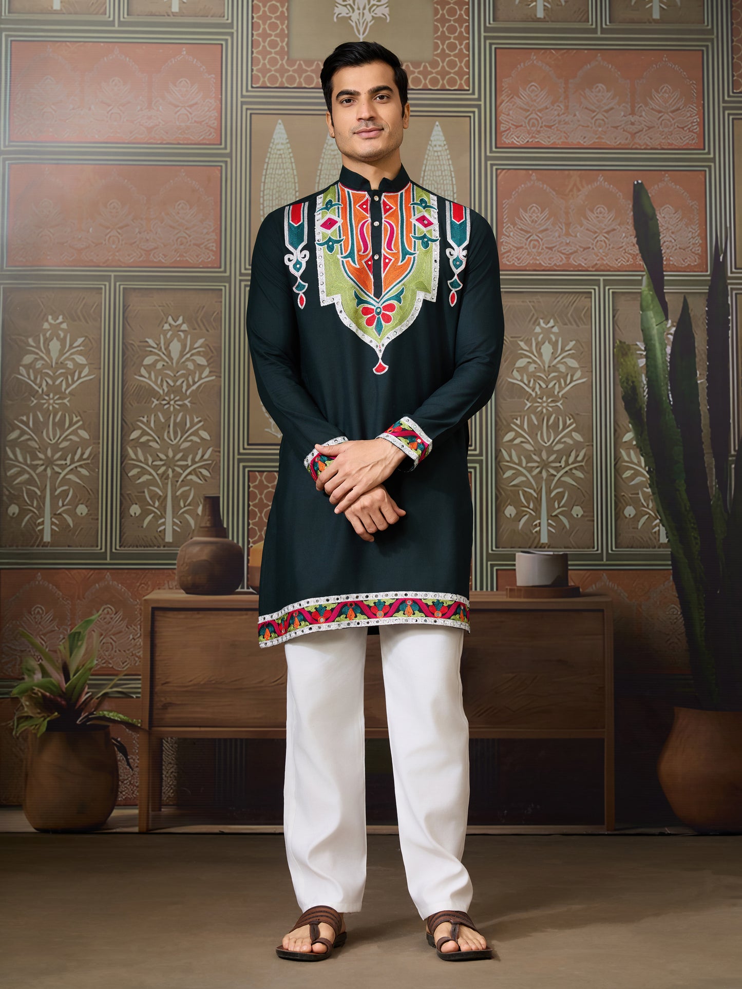 Green Pure Cotton Kurta with Multi Thread & Mirror Work