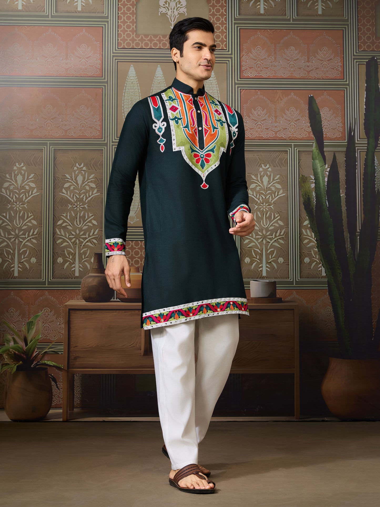 Green Pure Cotton Kurta with Multi Thread & Mirror Work