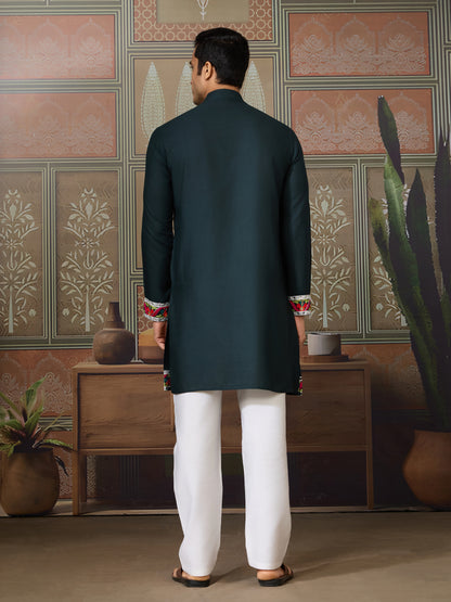 Green Pure Cotton Kurta with Multi Thread & Mirror Work