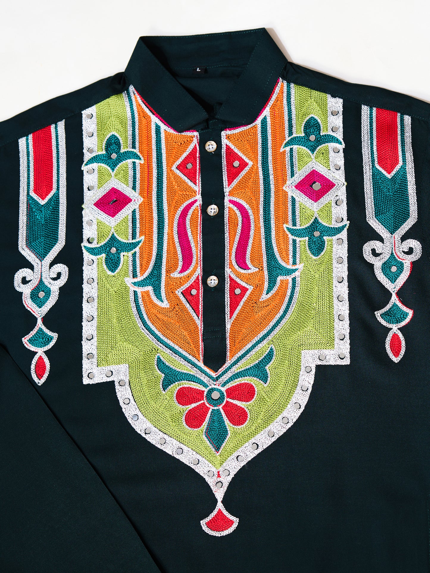 Green Pure Cotton Kurta with Multi Thread & Mirror Work
