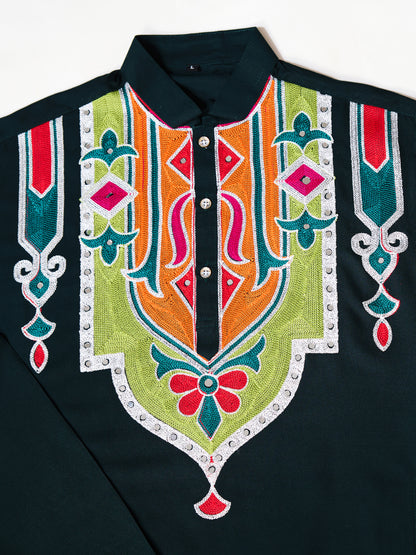 Green Pure Cotton Kurta with Multi Thread & Mirror Work
