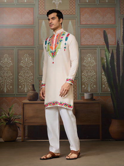 Cream Pure Cotton Kurta with Multi-Thread & Real Mirror Work