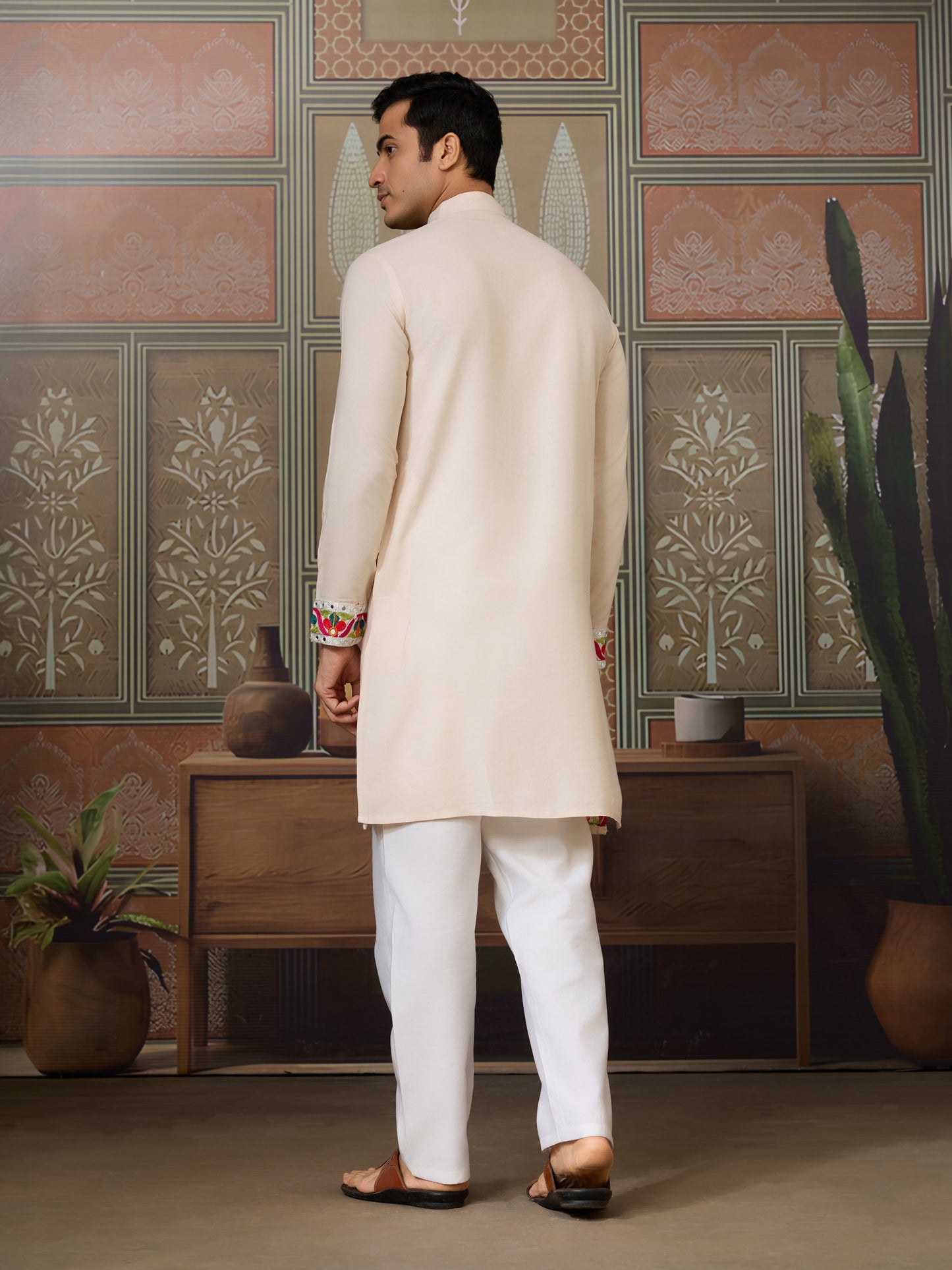 Cream Pure Cotton Kurta with Multi-Thread & Real Mirror Work