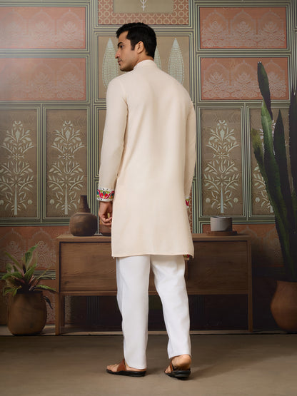 Cream Pure Cotton Kurta with Multi-Thread & Real Mirror Work
