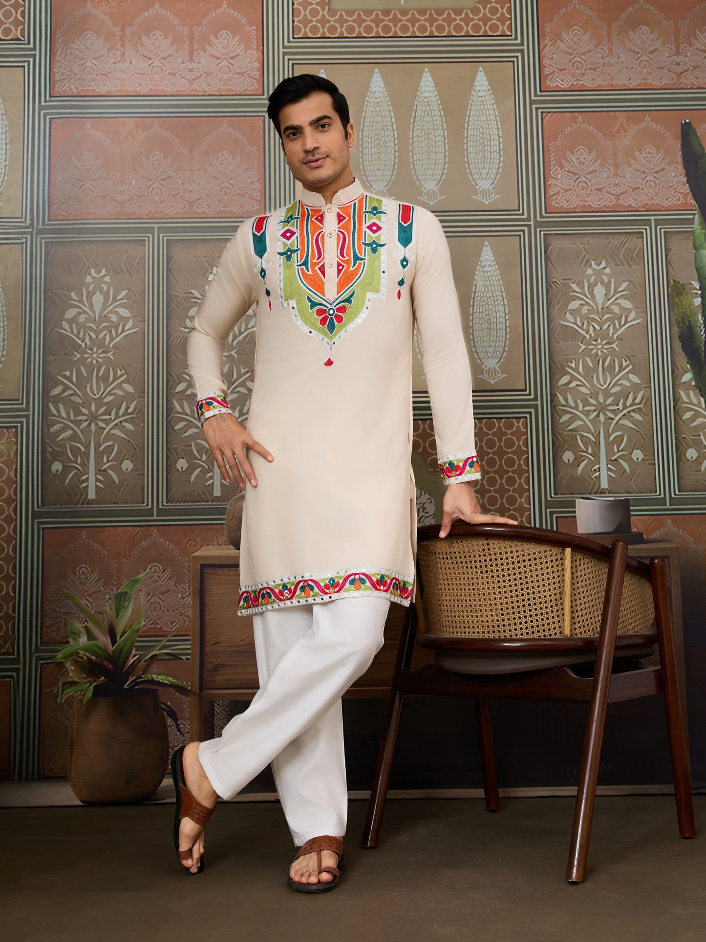 Cream Pure Cotton Kurta with Multi-Thread & Real Mirror Work