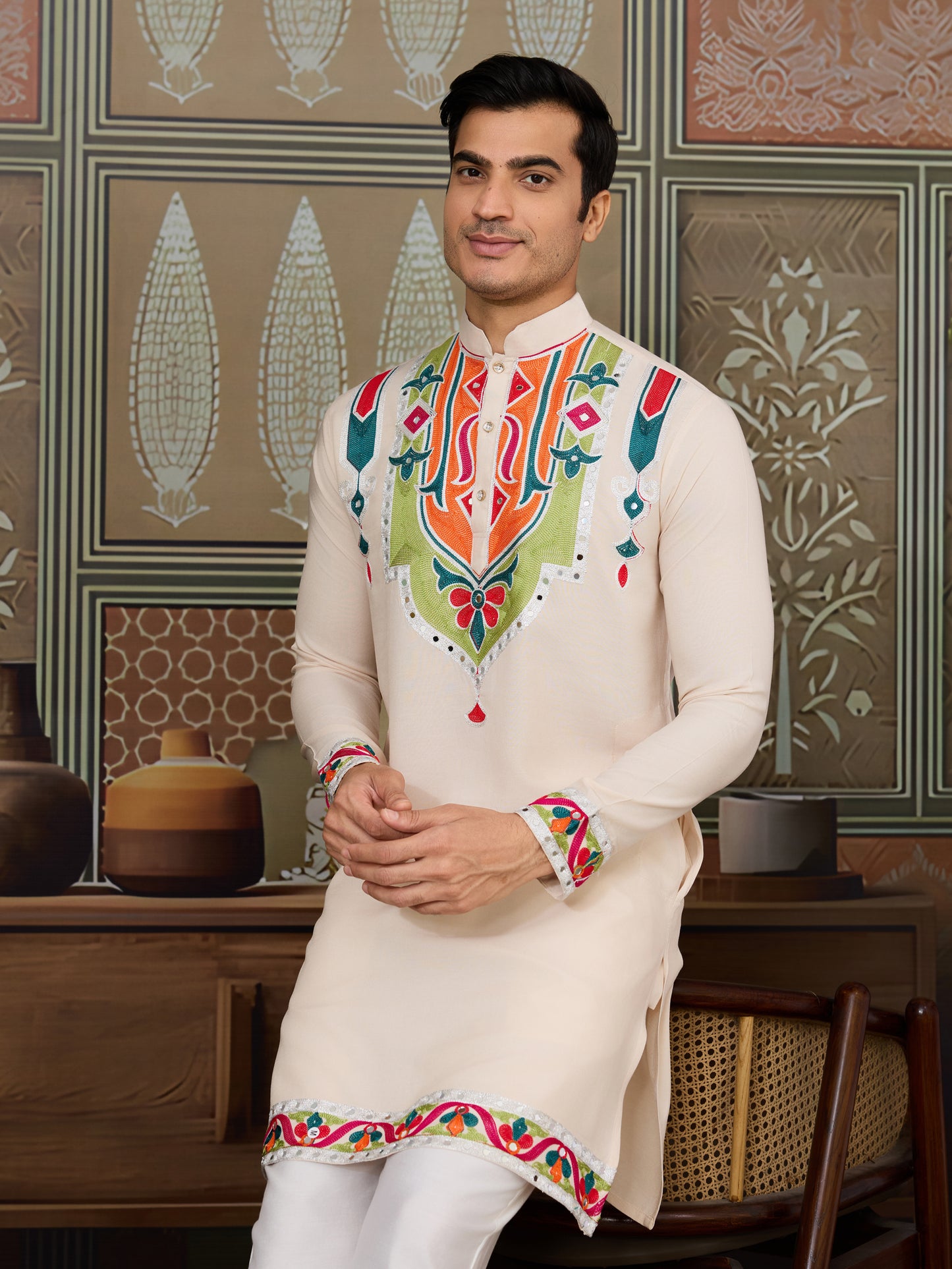 Cream Pure Cotton Kurta with Multi-Thread & Real Mirror Work