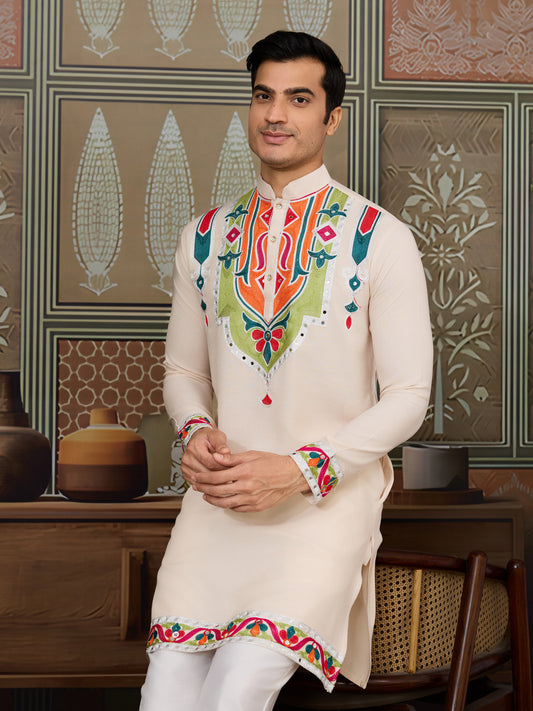 Cream Pure Cotton Kurta with Multi-Thread & Real Mirror Work