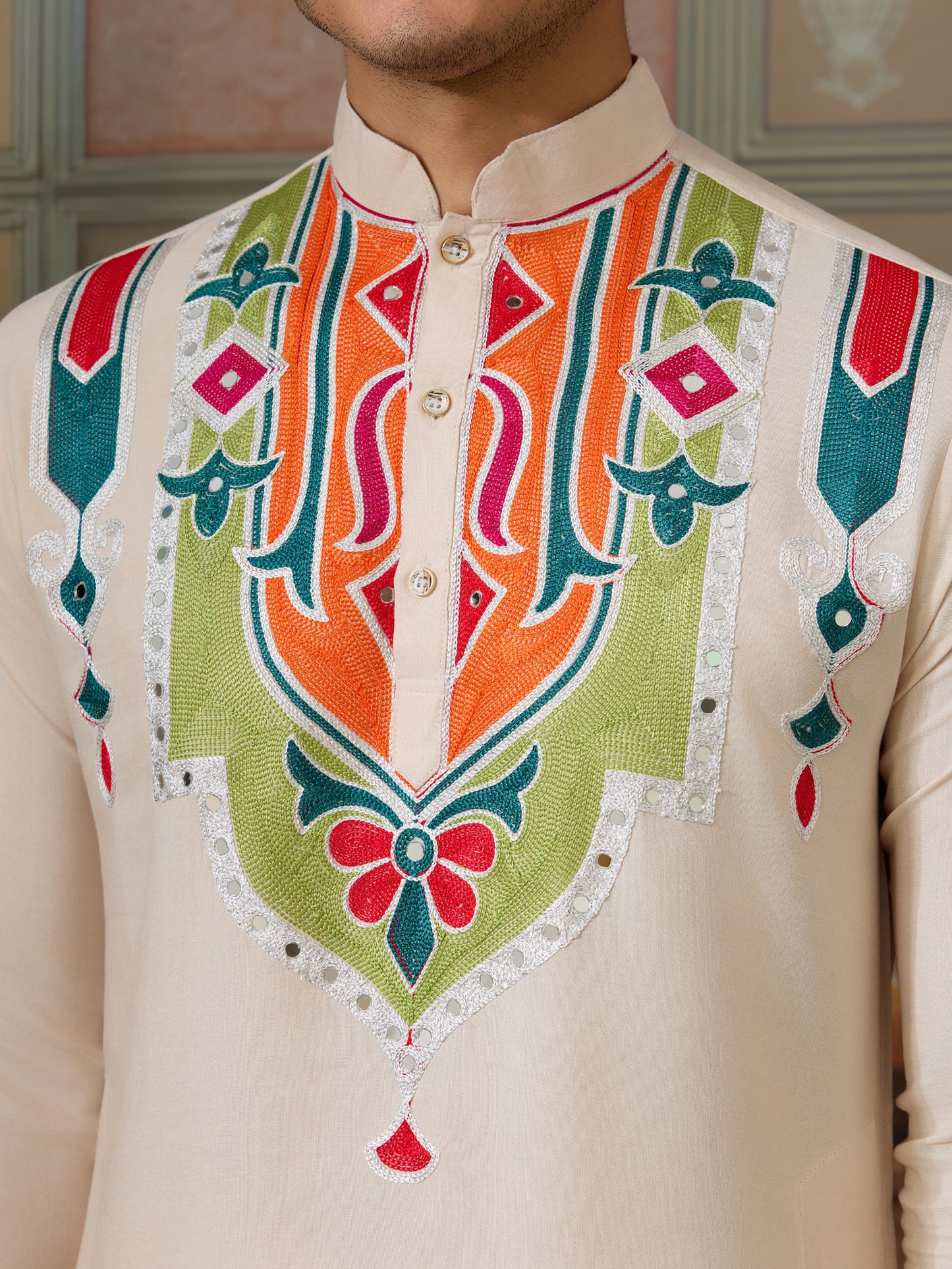 Cream Pure Cotton Kurta with Multi-Thread & Real Mirror Work
