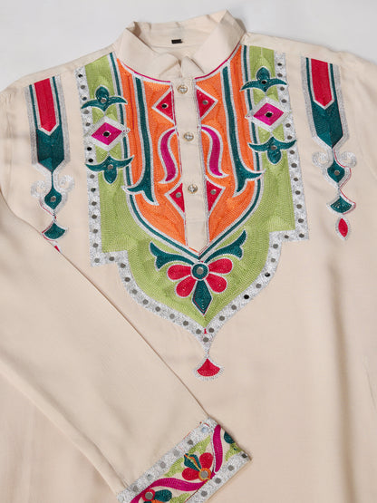 Cream Pure Cotton Kurta with Multi-Thread & Real Mirror Work