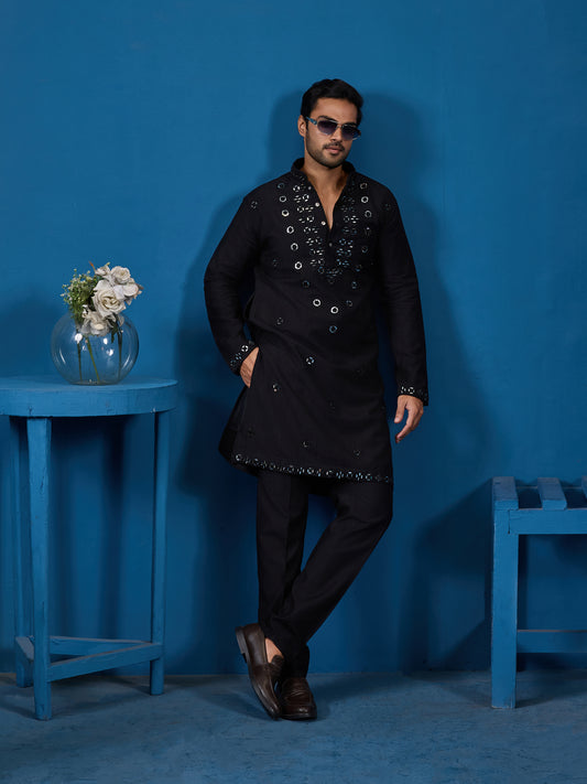 "Midnight Monarch: The Black Mirror Kurta"