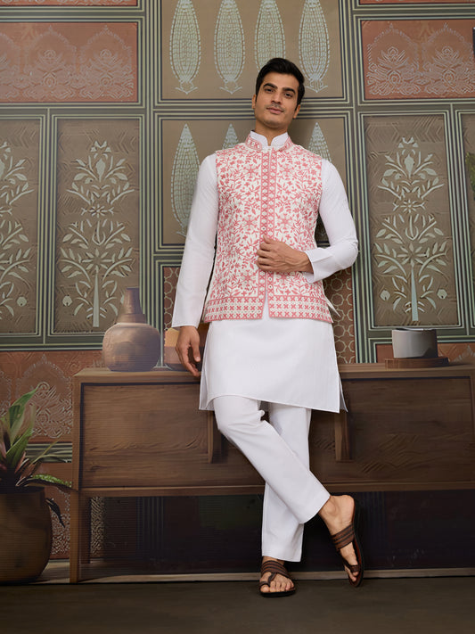 “Royal White Kurta with Blush Pink Embroidered Jacket”