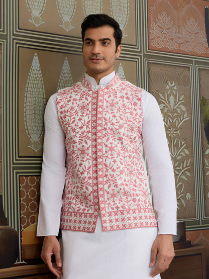 “Royal White Kurta with Blush Pink Embroidered Jacket”