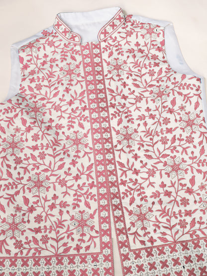 “Royal White Kurta with Blush Pink Embroidered Jacket”
