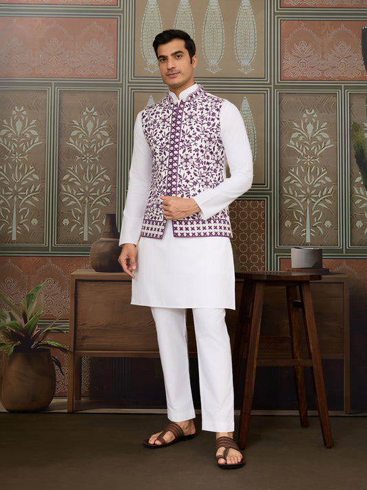 Ivory & Plum Floral Embroidered Ethnic Vest Set