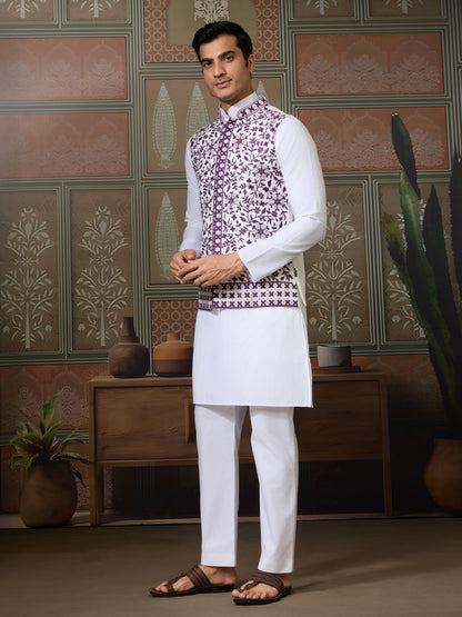 Ivory & Plum Floral Embroidered Ethnic Vest Set