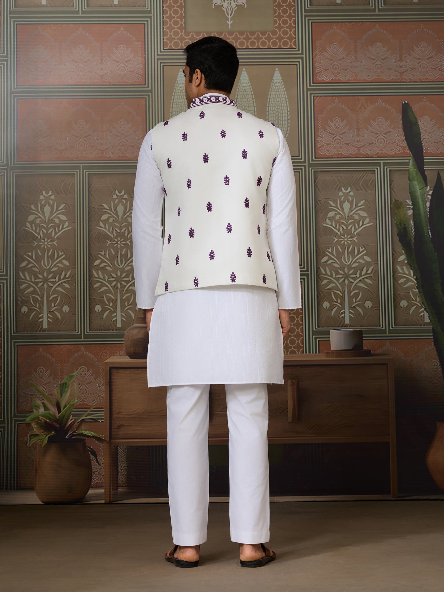 Ivory & Plum Floral Embroidered Ethnic Vest Set