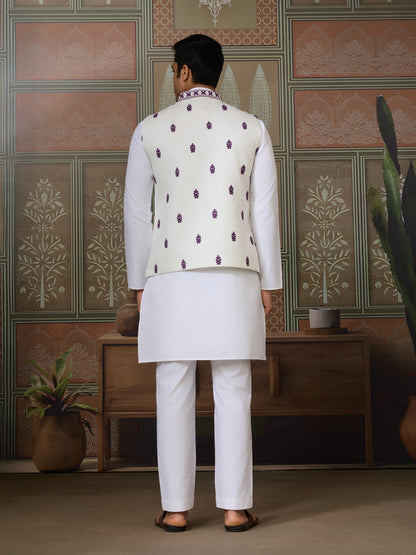 Ivory & Plum Floral Embroidered Ethnic Vest Set