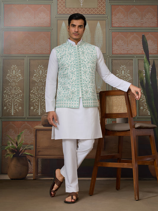 Mint Elegance – Pastel Green Embroidered Festive Waistcoat