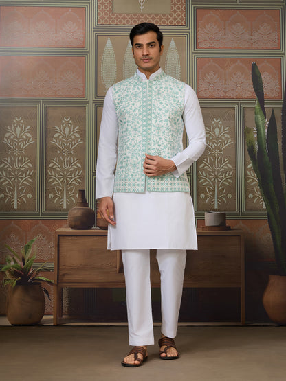 Mint Elegance – Pastel Green Embroidered Festive Waistcoat