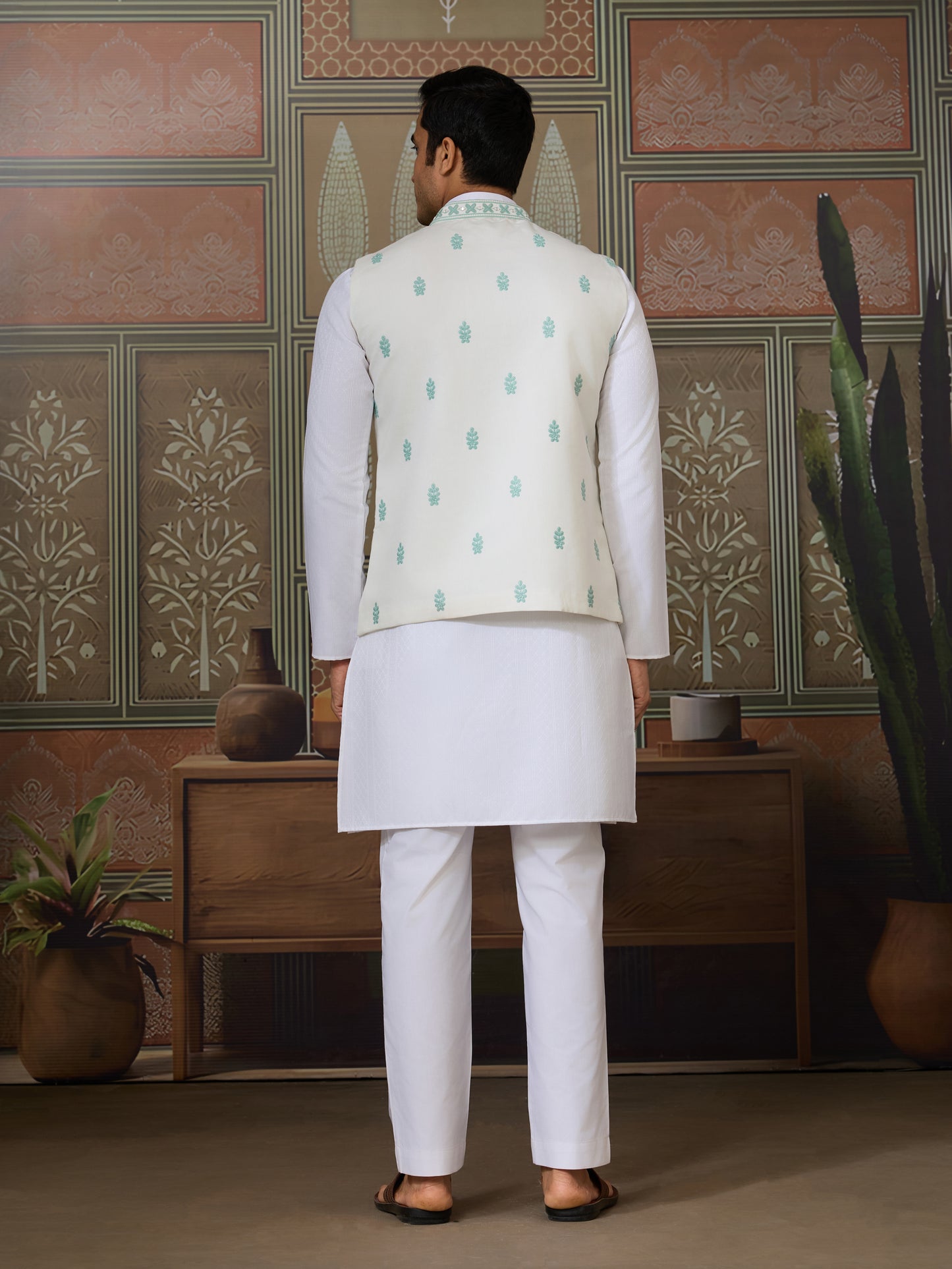Mint Elegance – Pastel Green Embroidered Festive Waistcoat