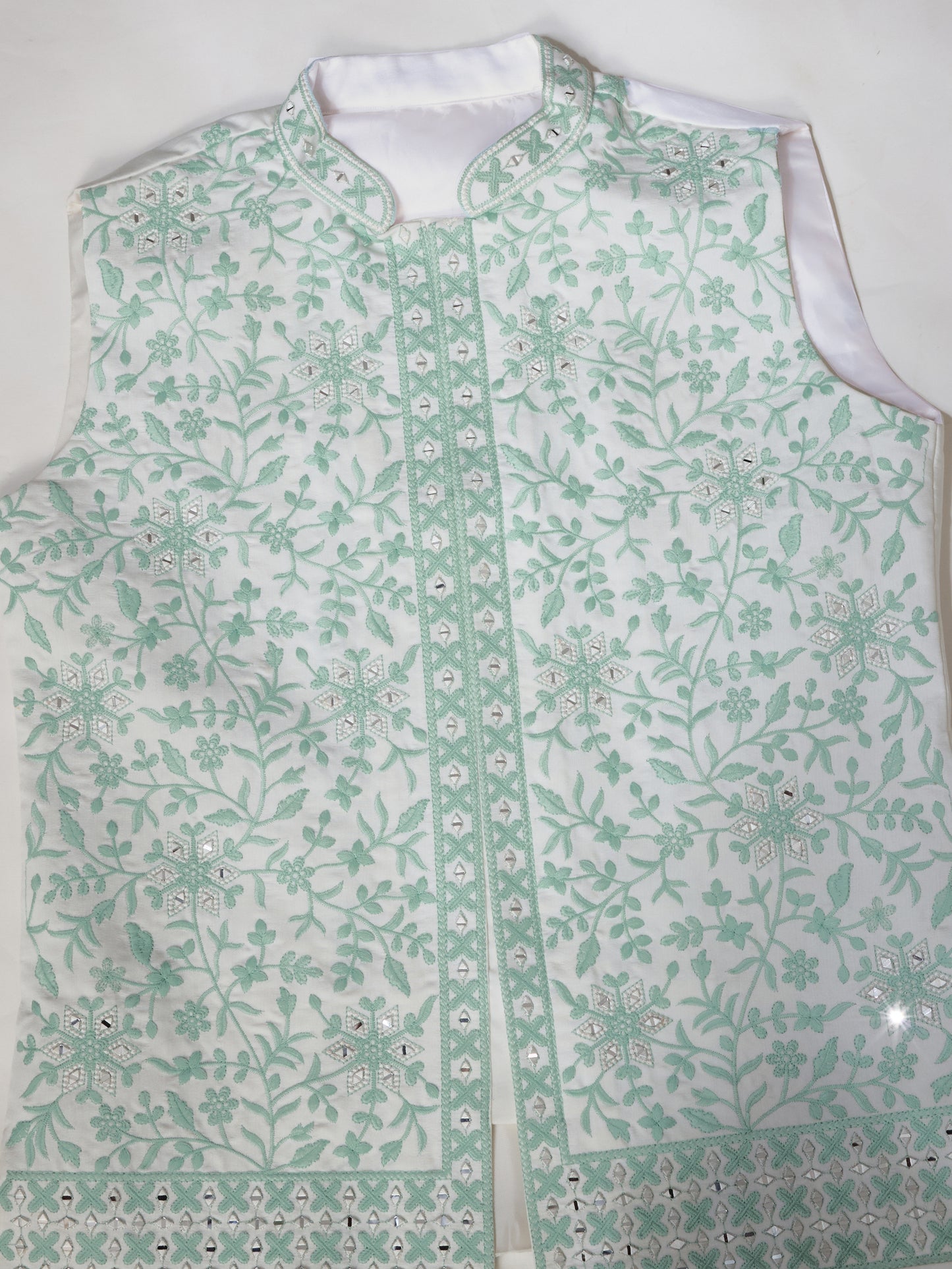 Mint Elegance – Pastel Green Embroidered Festive Waistcoat