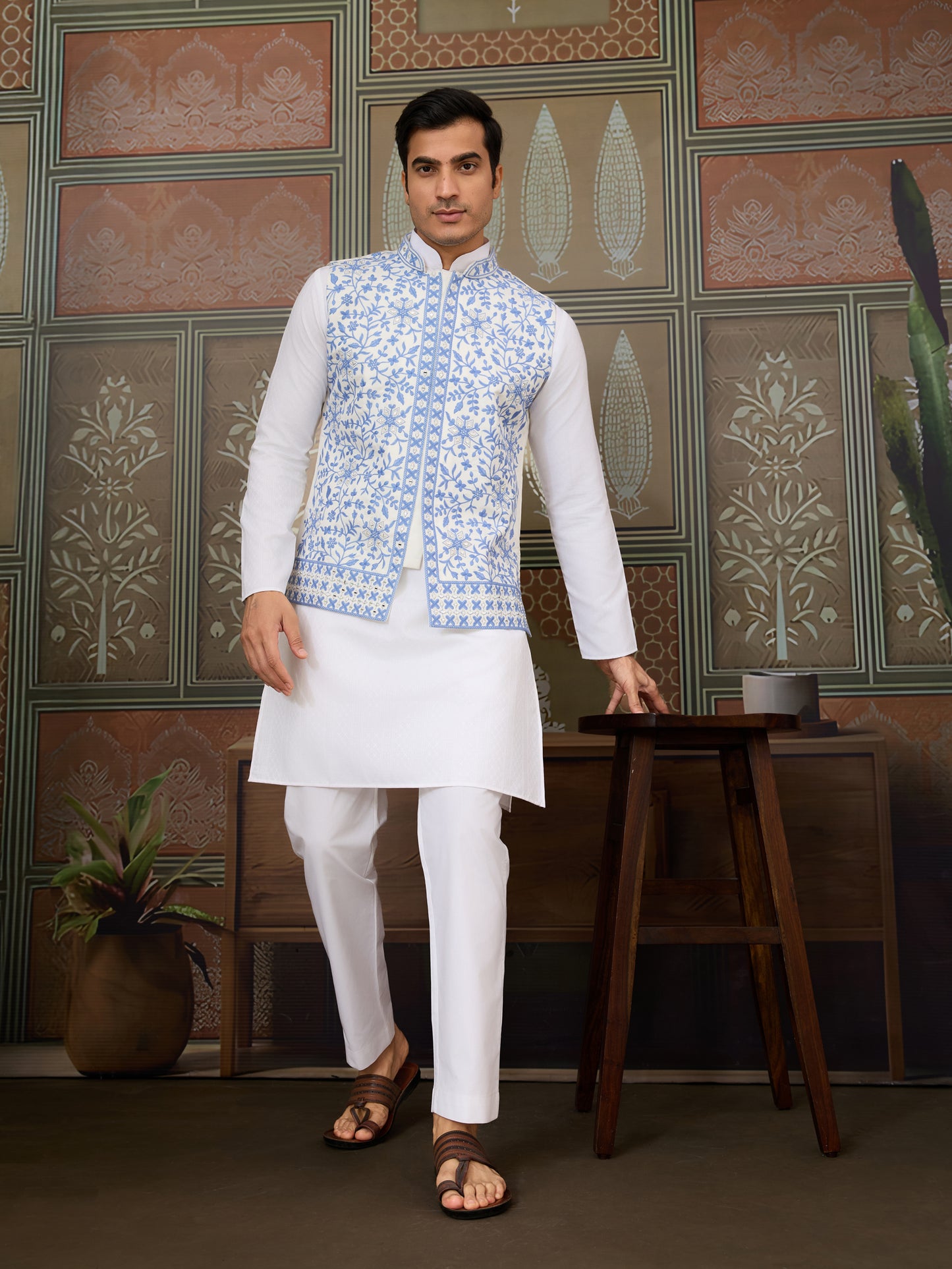White Kurta Pajama with Sky Blue Embroidered Waistcoat