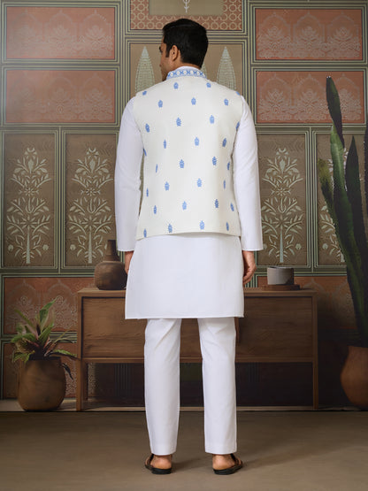 White Kurta Pajama with Sky Blue Embroidered Waistcoat