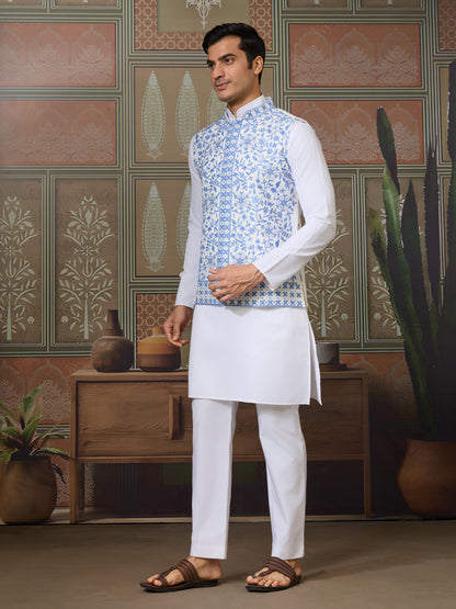 White Kurta Pajama with Sky Blue Embroidered Waistcoat