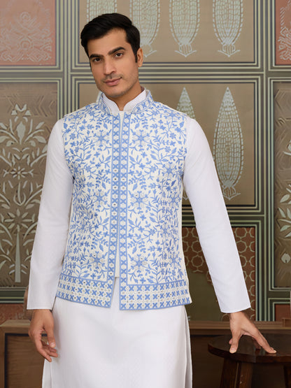 White Kurta Pajama with Sky Blue Embroidered Waistcoat