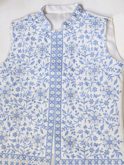 White Kurta Pajama with Sky Blue Embroidered Waistcoat