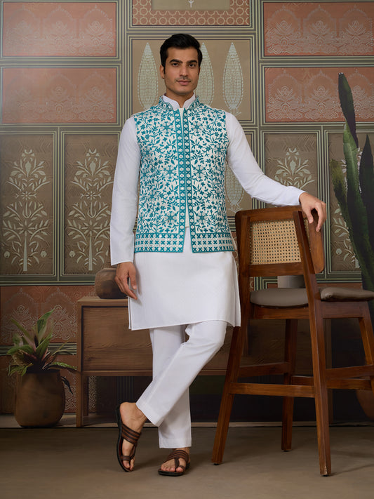 White Kurta Pajama with Teal Embroidered Statement Jacket