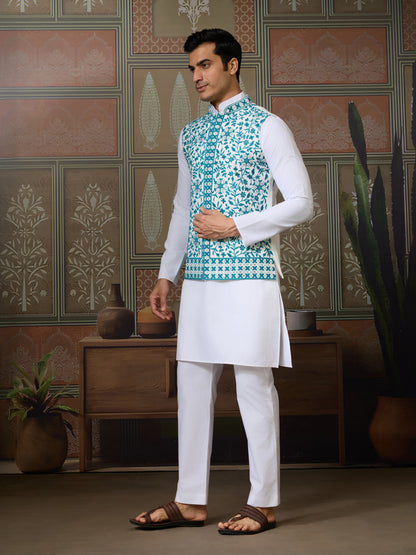 White Kurta Pajama with Teal Embroidered Statement Jacket