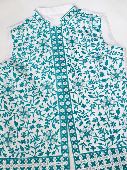 White Kurta Pajama with Teal Embroidered Statement Jacket