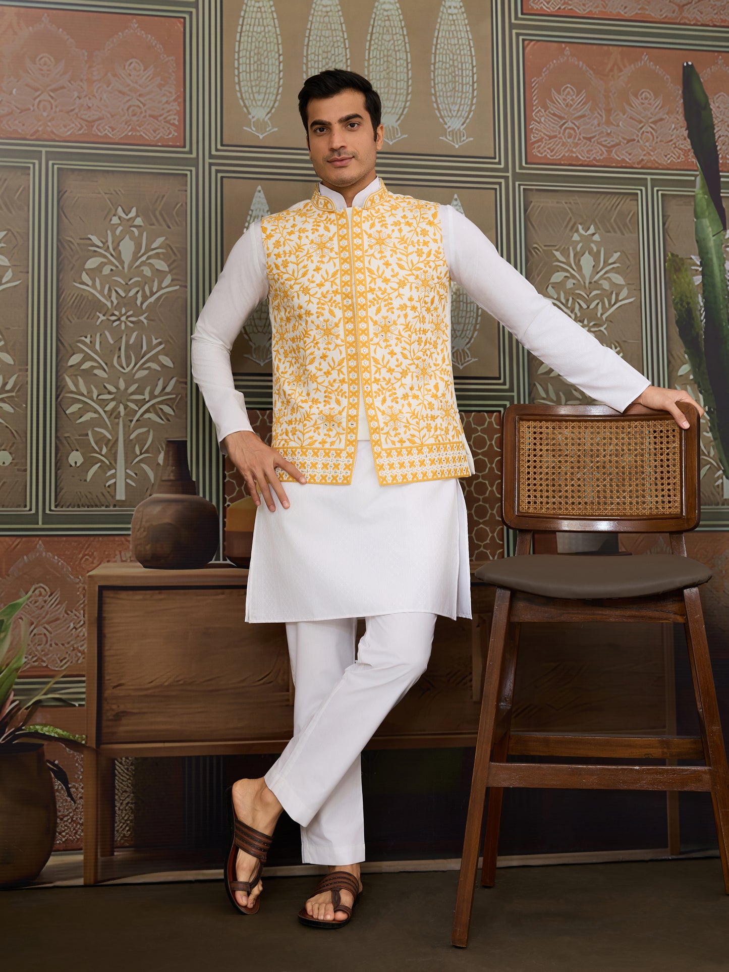 "Royal White Kurta with Mustard Floral Embroidered Nehru Jacket"