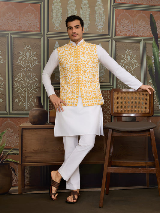 "Royal White Kurta with Mustard Floral Embroidered Nehru Jacket"