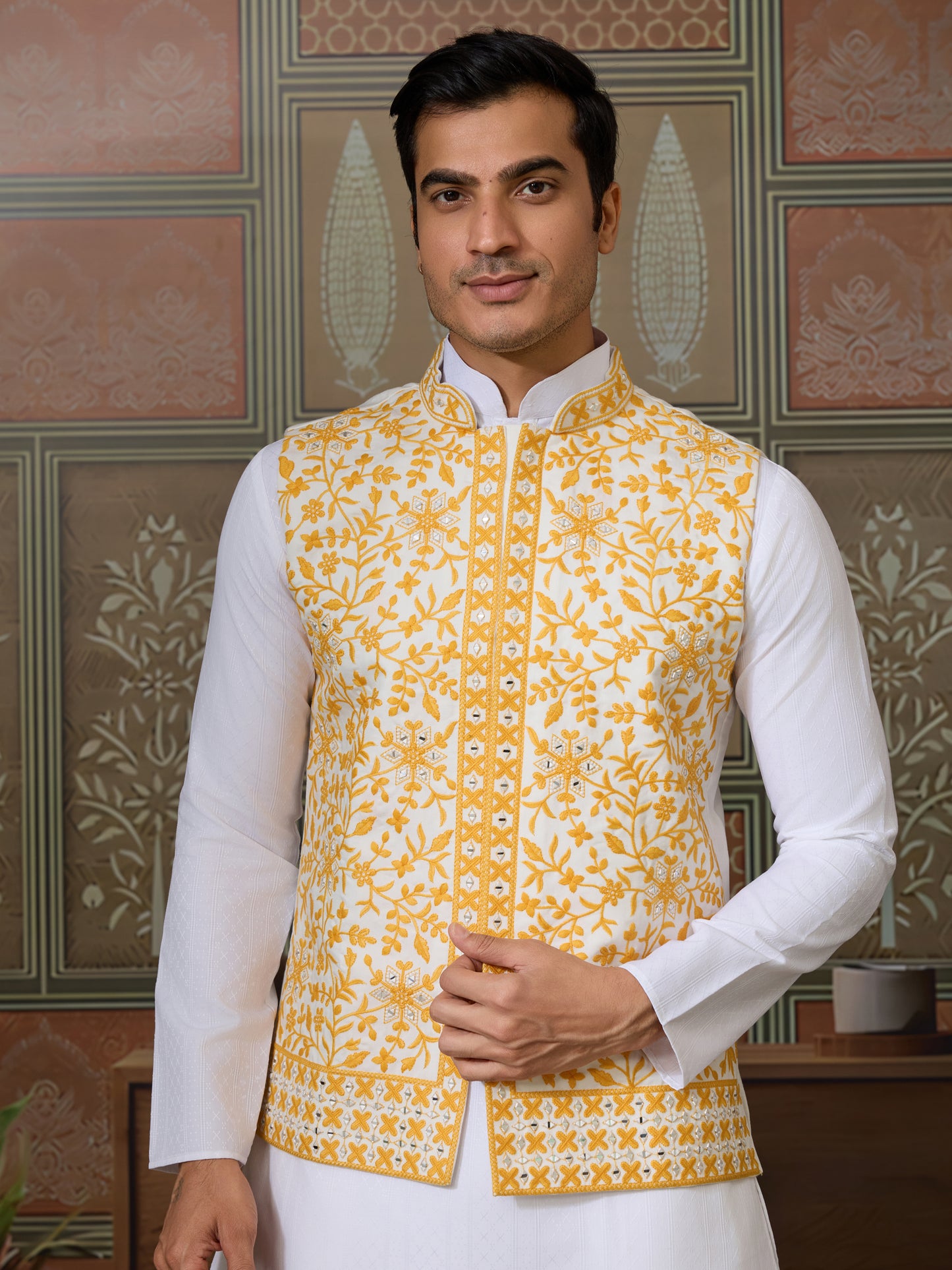 "Royal White Kurta with Mustard Floral Embroidered Nehru Jacket"