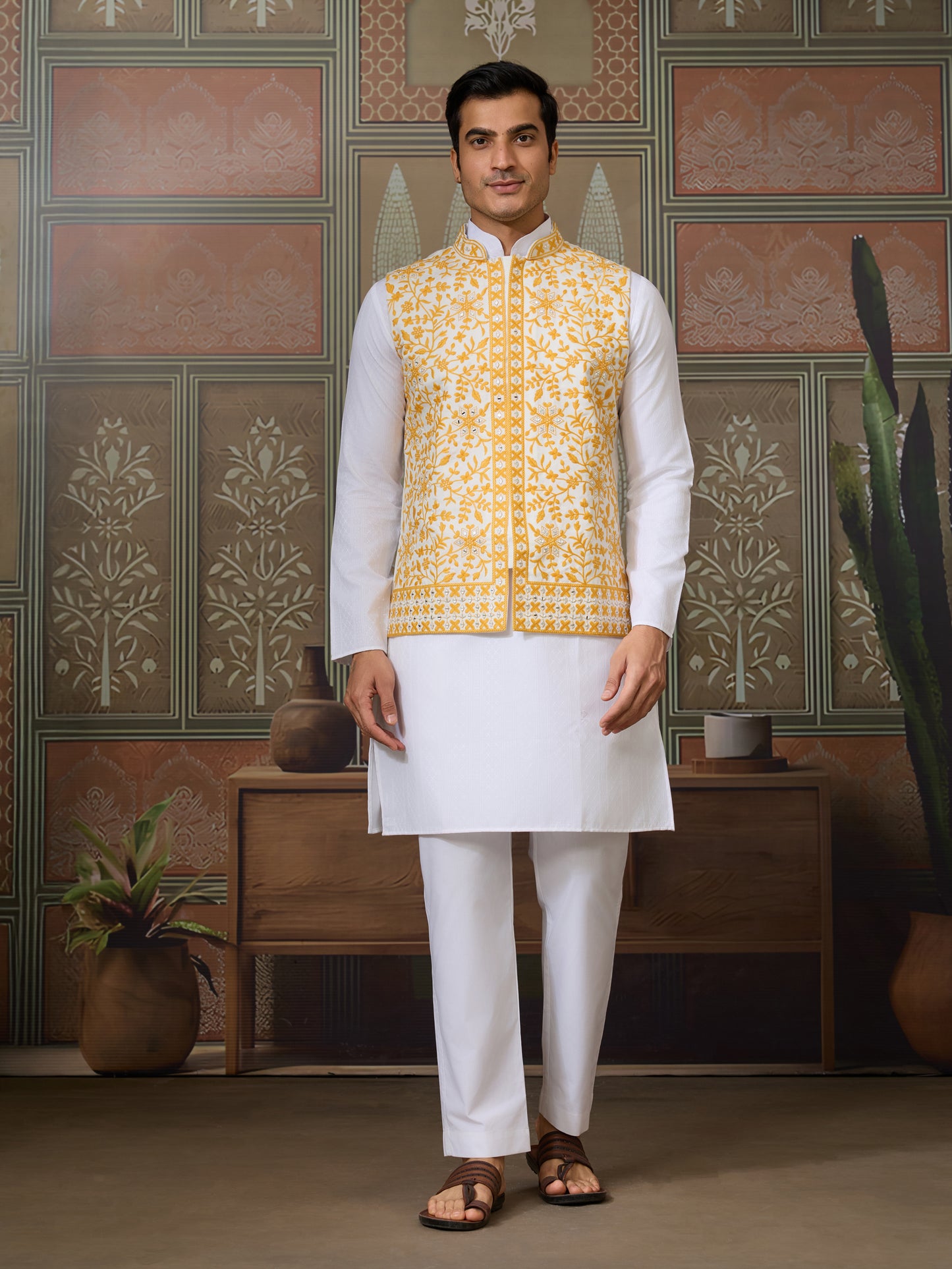 "Royal White Kurta with Mustard Floral Embroidered Nehru Jacket"