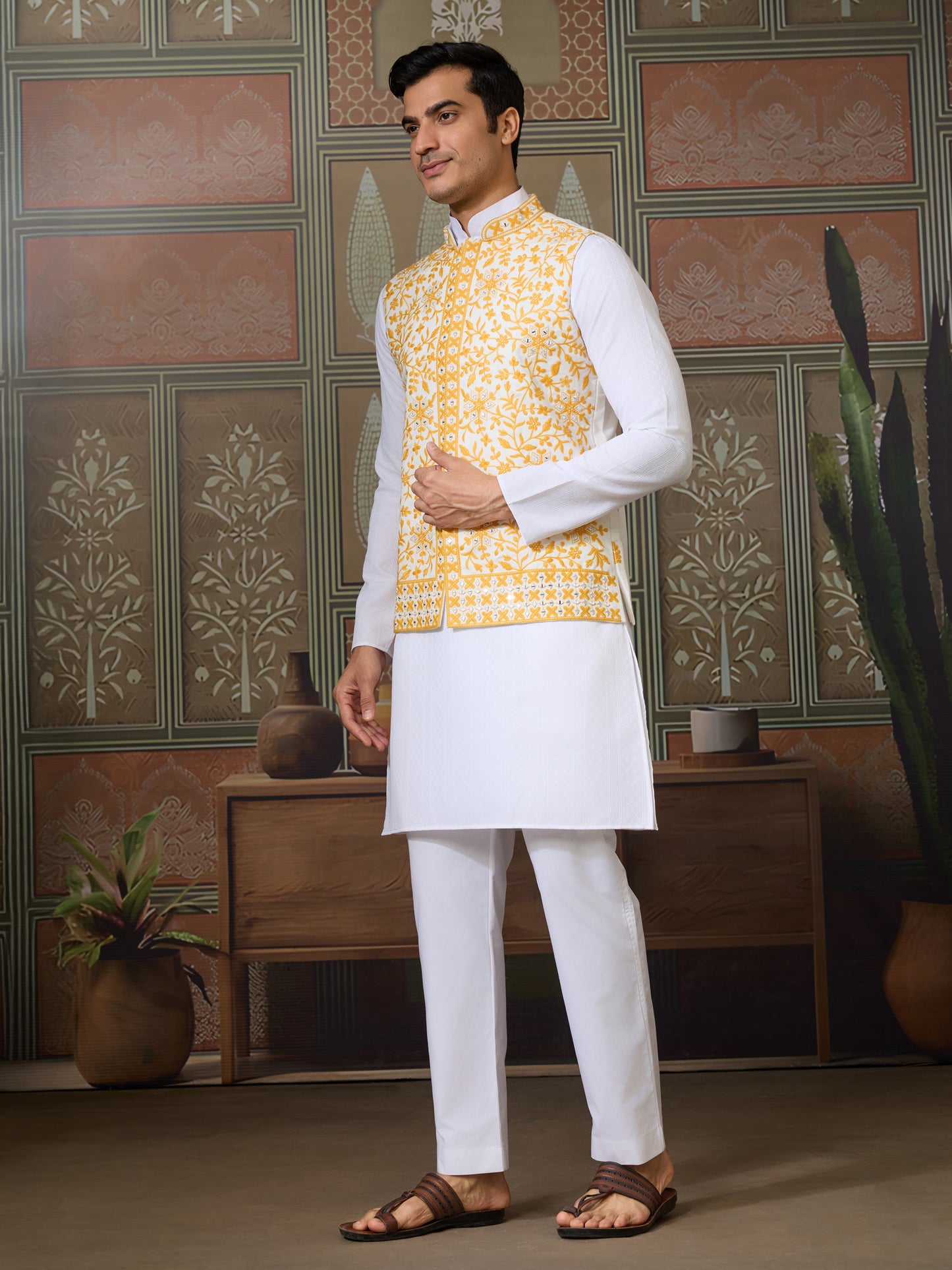 "Royal White Kurta with Mustard Floral Embroidered Nehru Jacket"