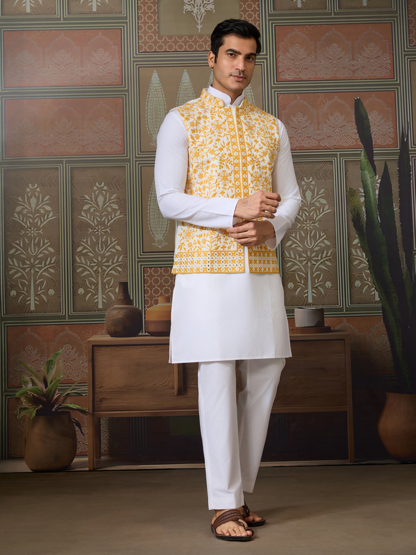 "Royal White Kurta with Mustard Floral Embroidered Nehru Jacket"