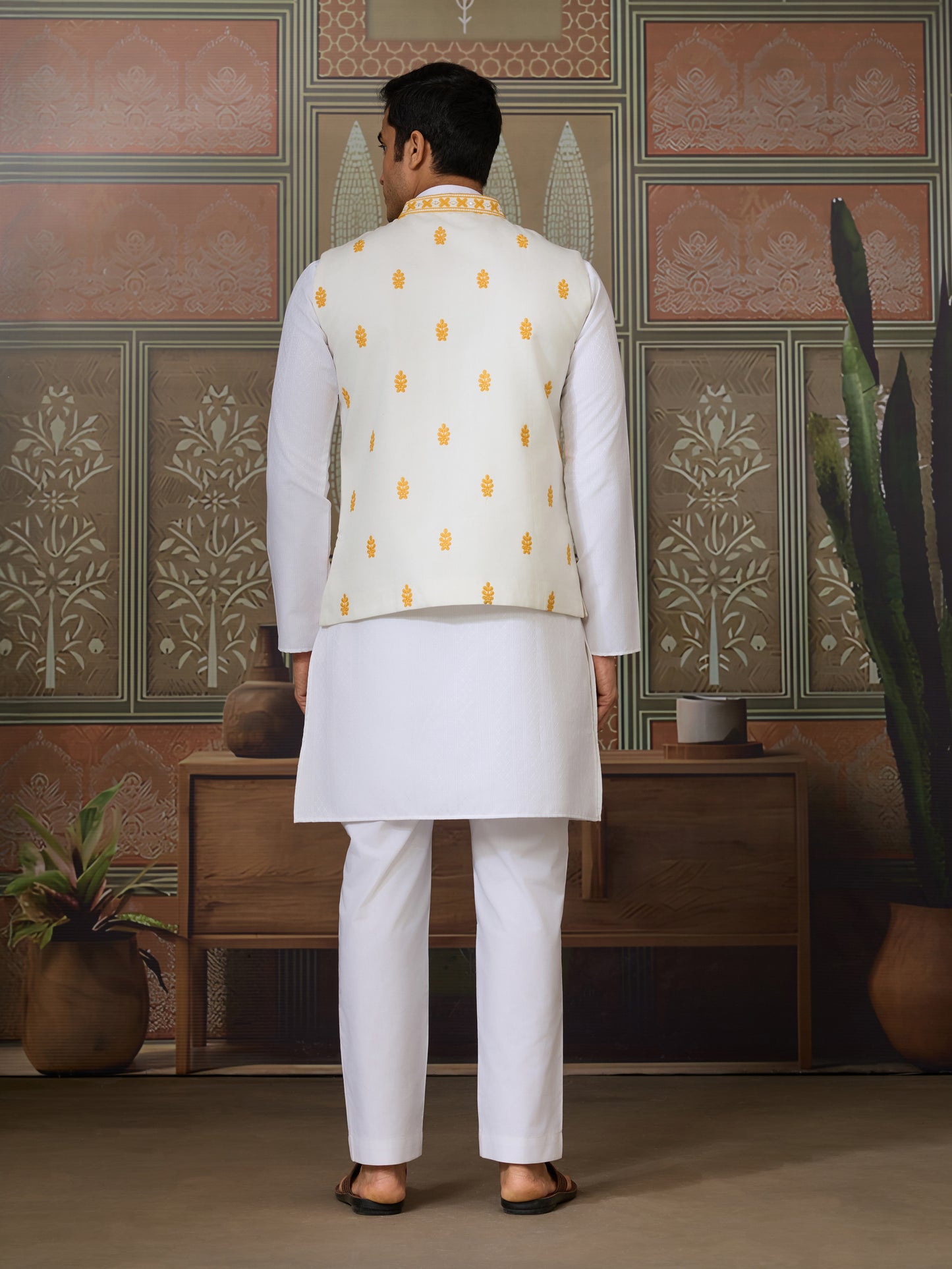 "Royal White Kurta with Mustard Floral Embroidered Nehru Jacket"